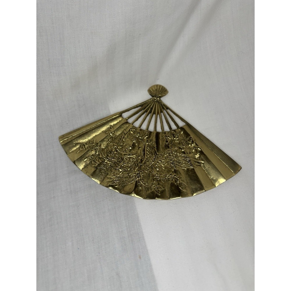 Vintage Asian‎ Solid Brass Hand Fan Flying Dragon Phoenix Wall Decor Taiwan